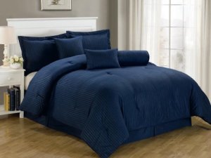 Chezmoi Collection 7-Piece Hotel Dobby Stripe Comforter Set, King, Navy Blue