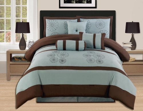 7 Pieces Luxury Embroidery Comforter Set Bed-in-a-bag (Oversize) Bedding (Aqua Blue/Brwon, King)