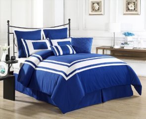 Cozy Beddings Lux Décor 8-Piece Comforter Set, King, Royal Blue with White Stripe