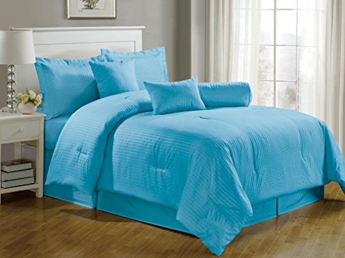 Chezmoi Collection 7-pieces Hotel Dobby Stripe Comforter Set, California King, Light Blue
