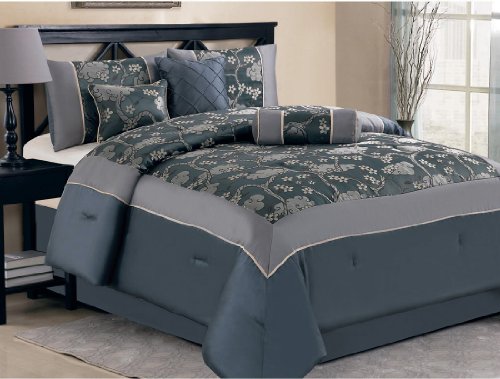 7-pieces Blue Gray Jacquard Sakura Cherry Blossom Comforter Set King Size