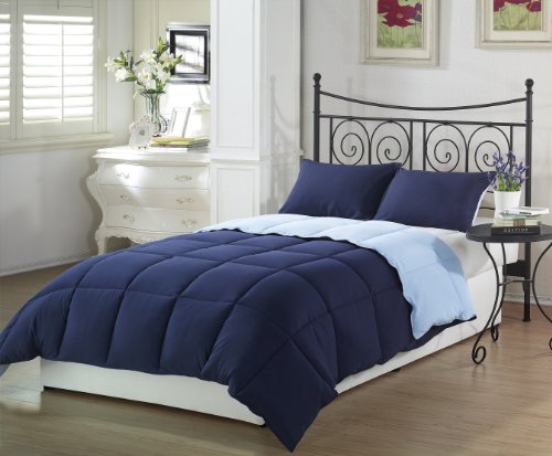 Chezmoi Collection 3-Piece Navy Light Blue Super Soft Goose Down Alternative Reversible Comforter Set, King Size